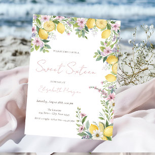 Lemons Flowers Pink Bow Stripes Sweet 16 Invitation