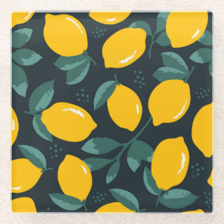 Lemons Flowers, Vintage Summer Texture. Glass Coaster