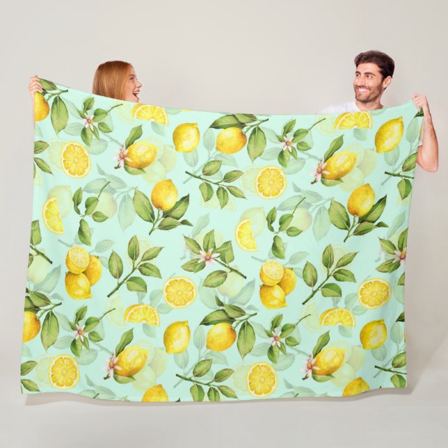 Lemons Fruit Watercolor Summer Fruit Pattern Mint Fleece Blanket (In Situ)