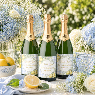 Lemons gingham blue bow garden Thank You Birthday Sparkling Wine Label