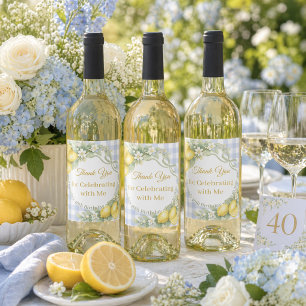 Lemons gingham blue bow garden Thank You Birthday Wine Label