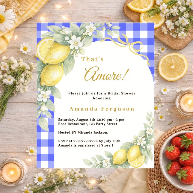 Lemons gingham blue Bridal Shower invitation (Creator Uploaded)