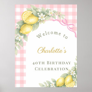 Lemons gingham pink bow garden birthday welcome poster