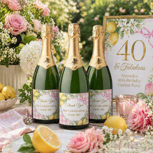 Lemons gingham pink bow garden Thank You Birthday Sparkling Wine Label