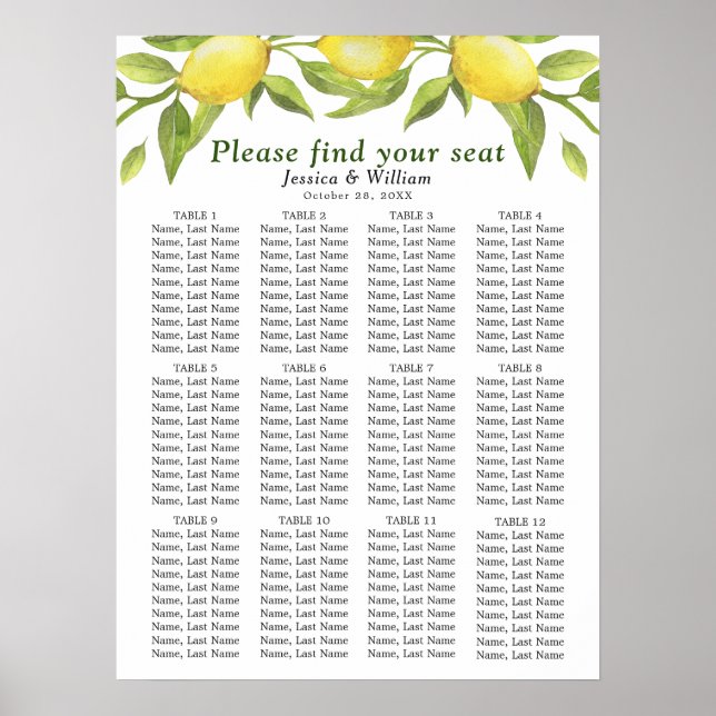 Lemons & Greenery 12 Tables Wedding SEATING CHART (Front)