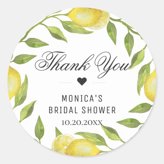 Lemons Greenery Blossom Monogram Name Classic Round Sticker (Front)