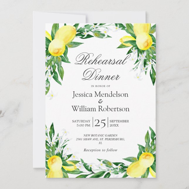 Lemons Greenery Blossom Rehearsal Dinner Invitation (Front)
