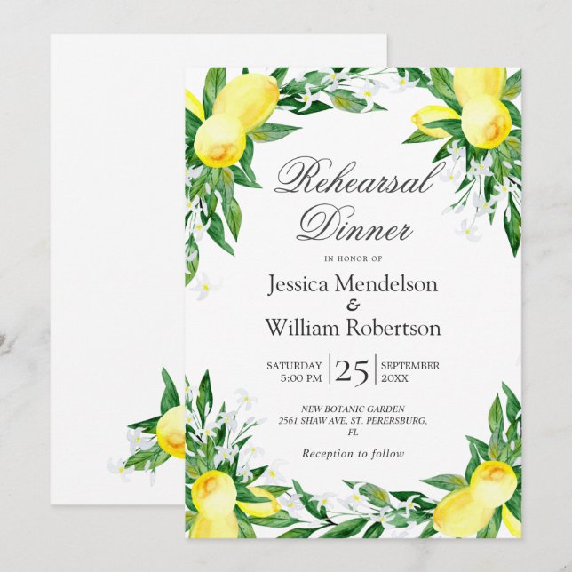 Lemons Greenery Blossom Rehearsal Dinner Invitation (Front/Back)