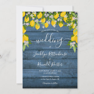 Lemons Greenery Blue Rustic Wood Wedding Invitation