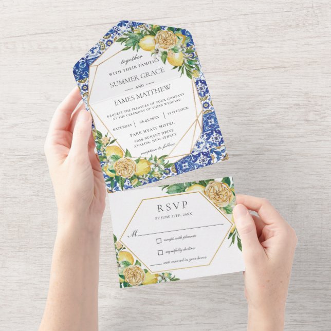 Lemons Greenery Floral Mosaic Tiles Wedding    All In One Invitation (Tearaway)