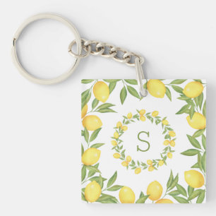 Lemons Greenery Monogram Elegant Key Ring