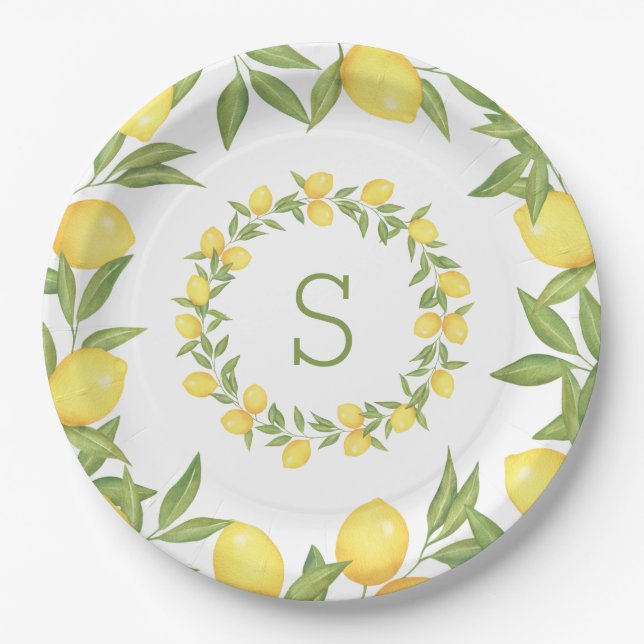 Lemons Greenery Monogram Elegant Paper Plate (Front)