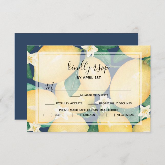 Lemons Greenery on Navy Blue RSVP Card (Front/Back)