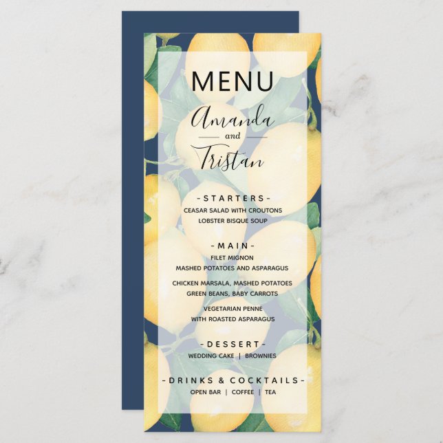 Lemons Greenery on Navy Blue Wedding Menu (Front/Back)