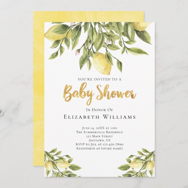Lemons Greenery Watercolor Baby Shower Invitation (Front/Back)