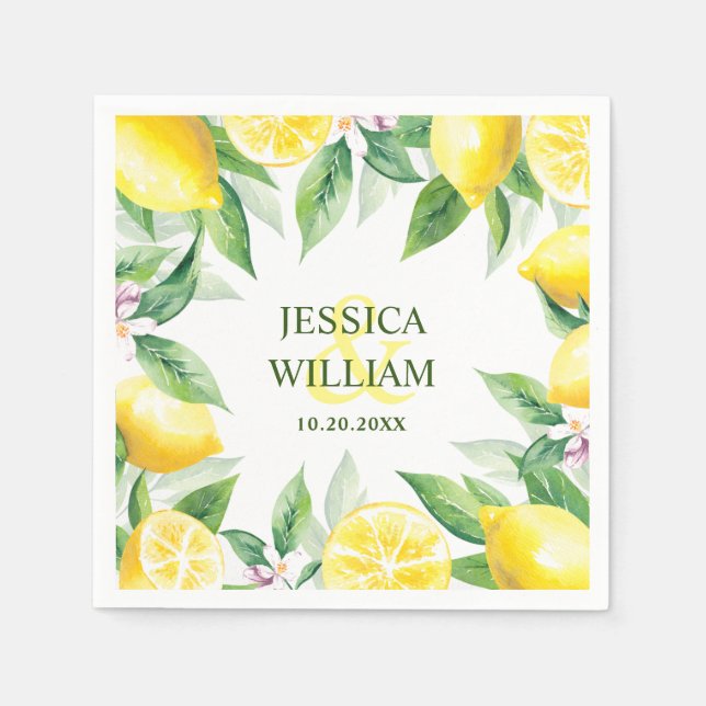 Lemons & Greenery Watercolor Wedding Paper Napkin (Front)