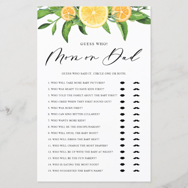 Lemons Guess Who Mum or Dad Baby Shower Game (Front)