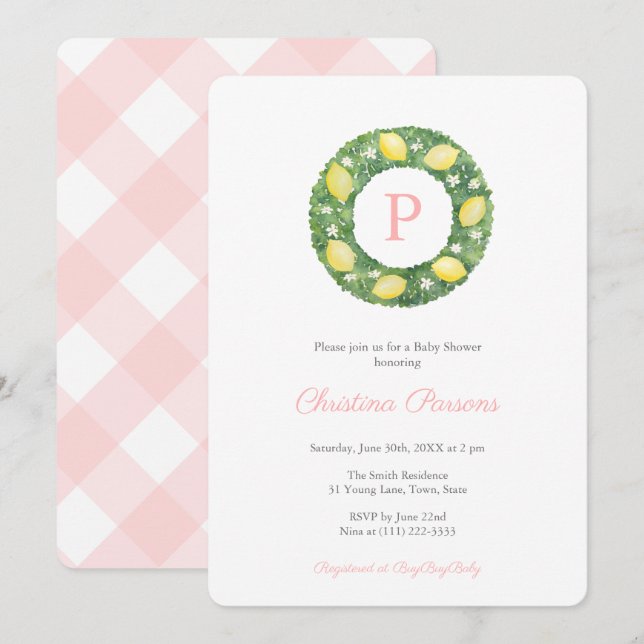 Lemons Handpainted Wreath Stylish Girl Baby Shower Invitation (Front/Back)