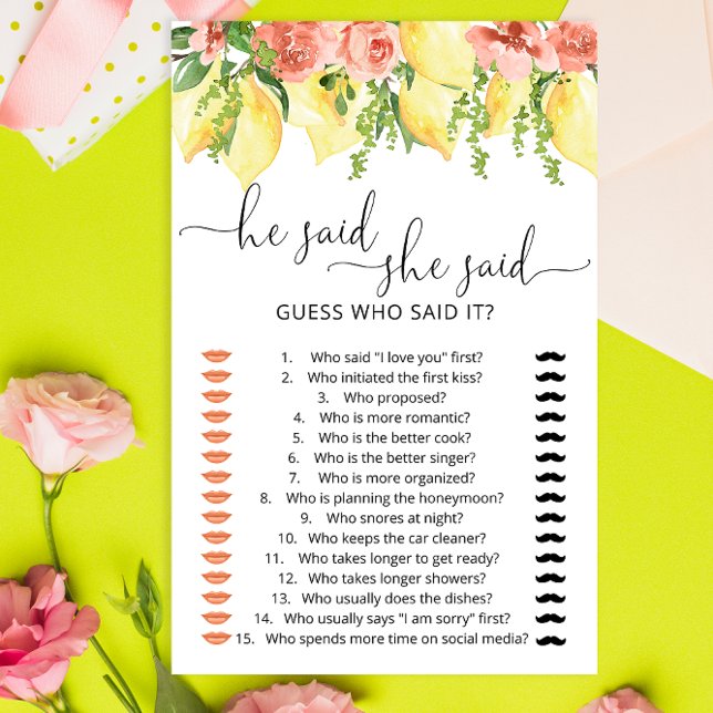 Lemons He Said She Said Bridal Shower Game (Creator Uploaded)