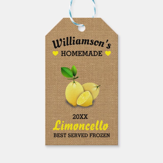 Lemons Homemade Limoncello Rustic Burlap Gift Tags (Front)