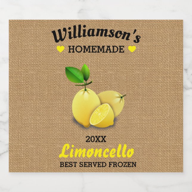 Lemons Homemade Limoncello Rustic Burlap Liquor Bottle Label (Single Label)