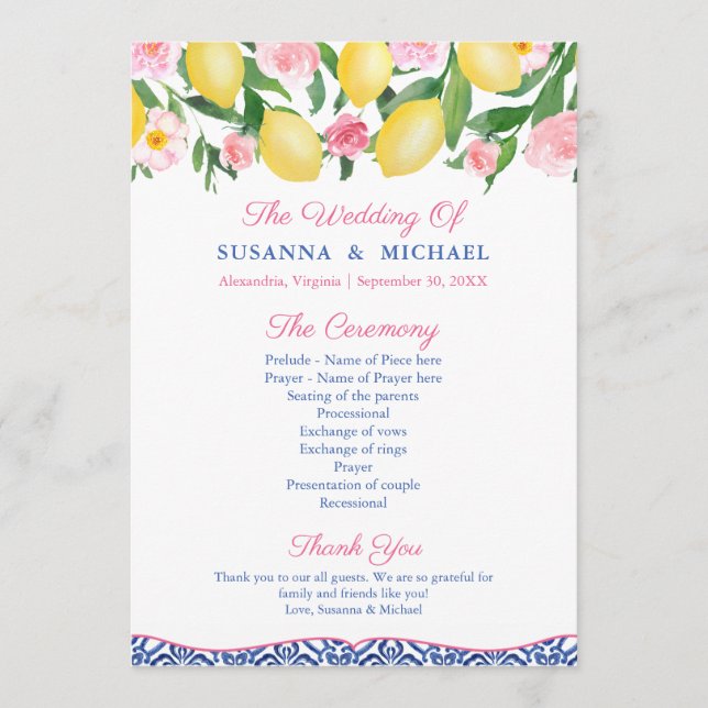 Lemons Hot Pink Amalfi Italian Blue Tiles Wedding Programme (Front)