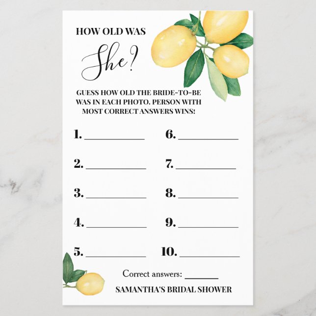 Lemons How old was She Bridal Shower Game Card (Front)
