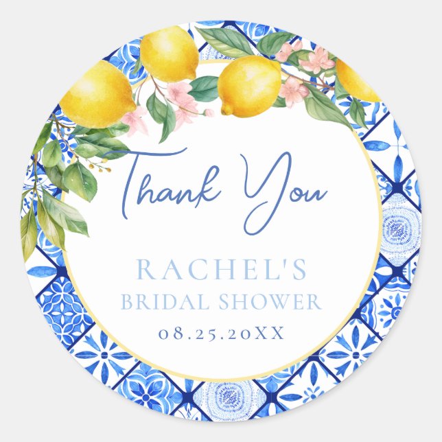 Lemons Italian Blue Tiles Bridal Shower Thank You  Classic Round Sticker (Front)