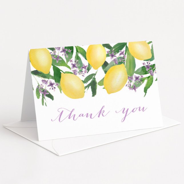Lemons Lavender Purple Watercolor Citrus Folding Thank You Card (Lemons with lavender blossoms bridal shower thank you card)