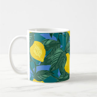 Lemons, leaves: citrus tropical pattern. coffee mug