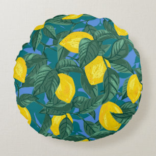 Lemons, leaves: citrus tropical pattern. round cushion