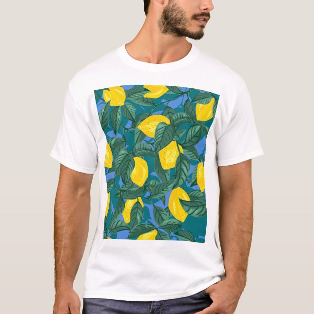 Lemons, leaves: citrus tropical pattern. T-Shirt (Front)