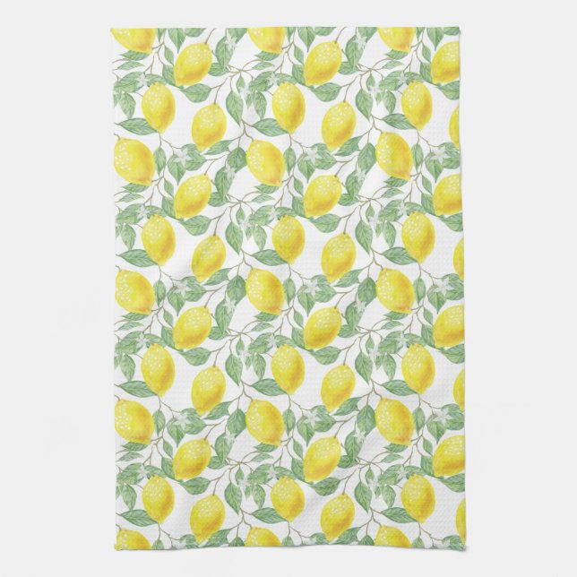 Lemons & Leaves Fruit Watercolor Pattern Kitchen Tea Towel (Vertical)