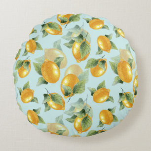 Lemons Leaves: Watercolor Seamless Print Round Cushion