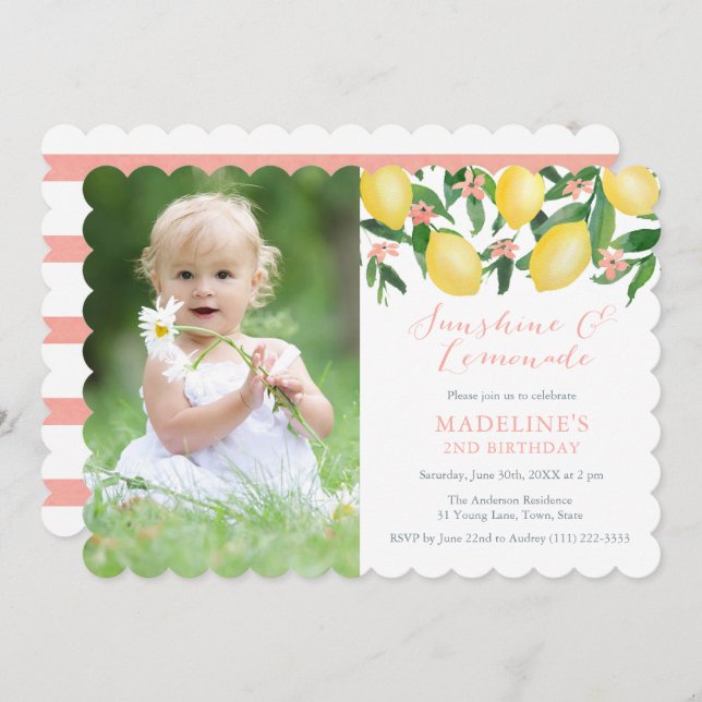 Lemons Lemonade Summer Birthday Party PhotoCard Invitation (Front/Back)