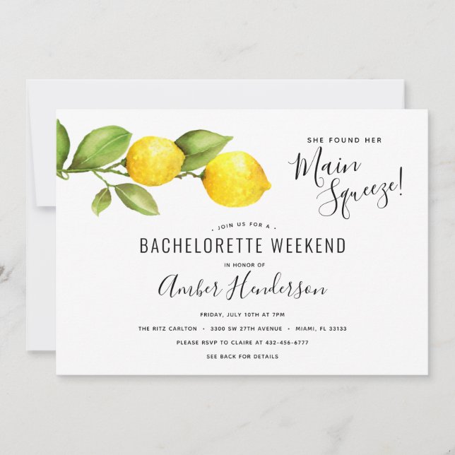 Lemons Main Squeeze Bachelorette Itinerary Invitation (Front)