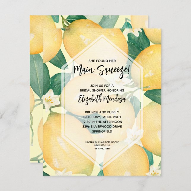 Lemons Main Squeeze Bridal Shower Invitations (Front/Back)