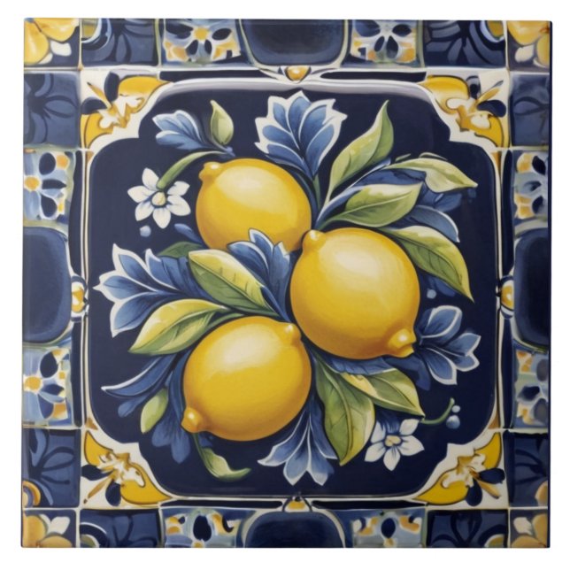 Lemons Mediterranean Dark Blue Italian Folk Art Tile (Front)