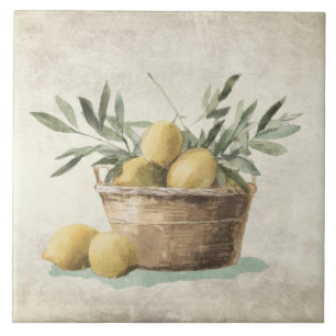 Lemons Mediterranean Olive Leaves Rustic Tile