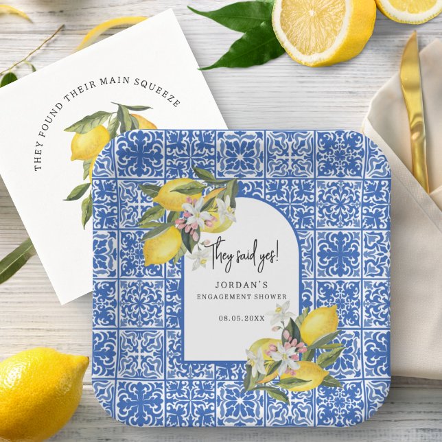 Lemons & Mediterranean Tile They Said Yes Shower Paper Plate (Creator Uploaded)