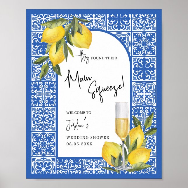 Lemons & Mediterranean Tile Wedding Shower Welcome Poster (Front)