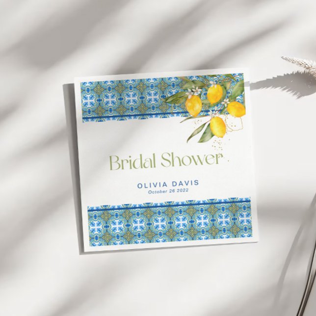 Lemons Mediterranean Tiles Bridal Shower Napkin (Creator Uploaded)