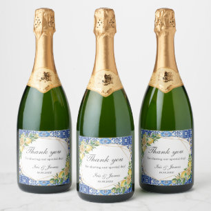Lemons Meditteranean Blue Mosaic Tiles Wedding  Sparkling Wine Label