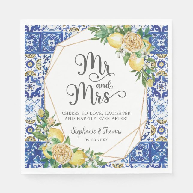 Lemons Meditteranean Mosaic Tile Wedding Mr & Mrs  Napkin (Front)