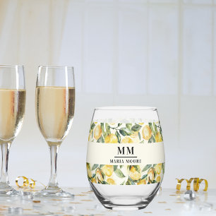 Lemons monogram initials name stemless wine glass