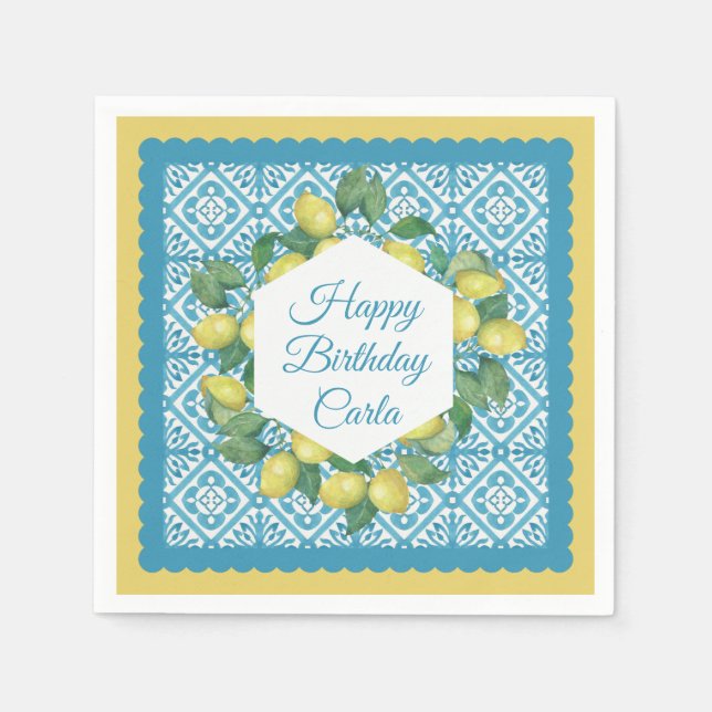 Lemons & Moroccan Blue Custom Party  Napkins (Front)