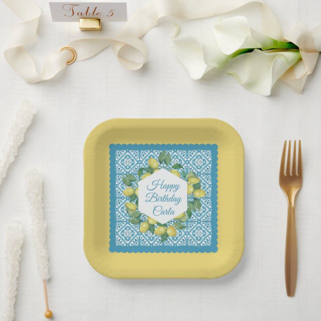 Lemons & Moroccan Blue Custom Party  Paper Plate (Wedding)