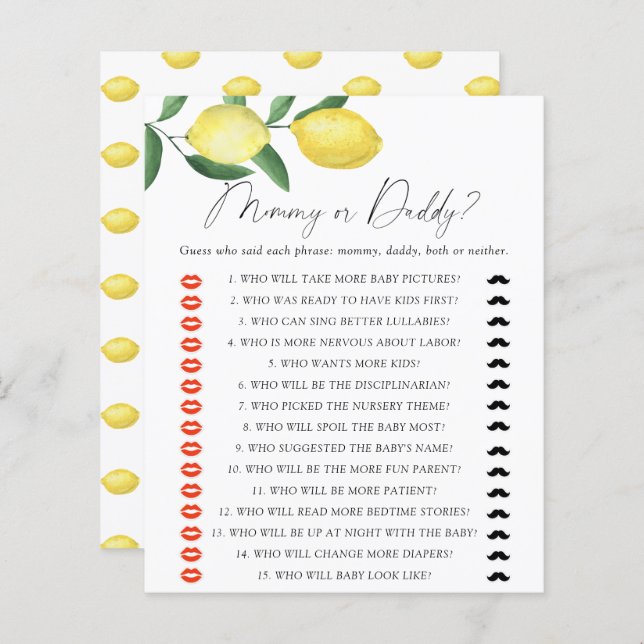 Lemons - mummy or daddy baby shower game (Front/Back)