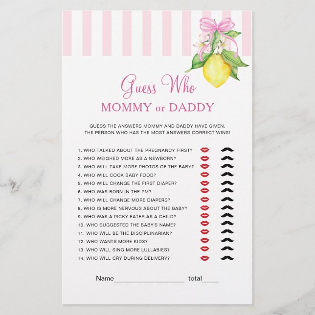 Lemons Mummy or Daddy Baby Shower Game (Front)