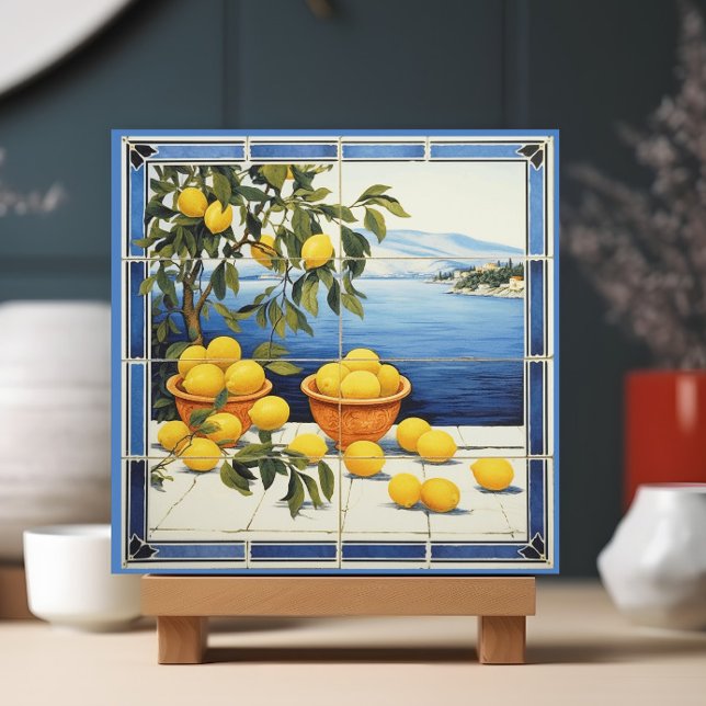 Lemons of Greece  Tile (A ceramic tile showing a Grecian landscape with lemons is shown in a display stand.)